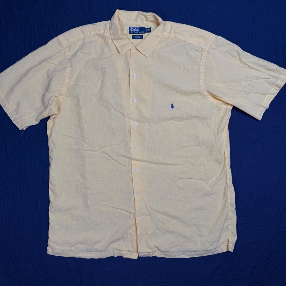 Polo Ralph Lauren Curham Shirt Mens XLT Yellow Linen Blend Loop Collar Pony